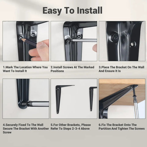 Step-by-step instructions on installing 16 Pack Heavy Duty Metal Floating Shelf Brackets 6x8 Inch Black L Shaped Shelf Supports