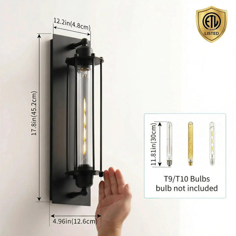 Industrial Outdoor Porch Wall Light Sconce Set Of 2 In Matte Black 18 Inch Vintage Exterior Lighting with Glass Cylinder and Cage