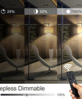 Arc Floor Lamp With Remote Control, 81 Inch Tall Dimmable LED Standing Light next to a chair with remote in hand