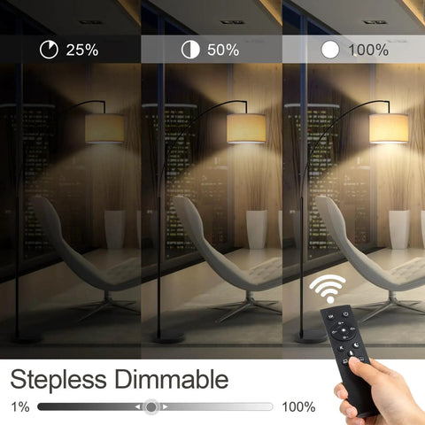 Arc Floor Lamp With Remote Control, 81 Inch Tall Dimmable LED Standing Light next to a chair with remote in hand