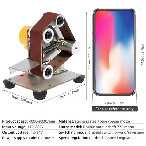 Boss Level Mini Belt Sander And Bench Grinder Featuring Seven Adjustable Speeds With Silent Double Bearing Motor For Smooth Metal Polishing Jewelry Crafting And Zero Sweat Knife Sharpening Work, shown from side with dimensions.