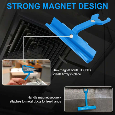 Strong magnet design of duct clip tool for HVAC ductwork with magnetic clip access shown in detail.