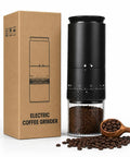 Chill Cordless Coffee Grinder With 38 Adjustable Settings next to box, showing ground coffee, portable and compact design.