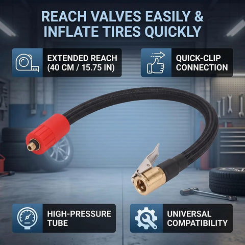 Heavy Duty Tire Inflator Extension Hose With Quick Connect Air Chuck Fits Cars Bikes EVs And Portable Air Compressor 40 CM Length Pneumatic Air Fitting, black braided hose with brass chuck