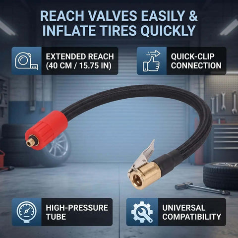 40cm Tire Inflator Extension Hose Clip Air Chuck Adapter External Thread Quick Connect Tube, black hose with brass clip connector