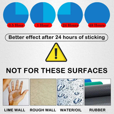 Image showing effectiveness of Upgraded 50 Pack Cable Clips With Strong Adhesive Tapes over time and unsuitable surfaces like lime wall, rough wall, and rubber.
