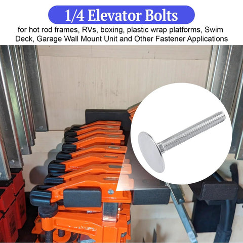 Elevator bolt, 1/4-20 x 2, zinc-plated flat head; inset shows bolt with metal shelving hardware