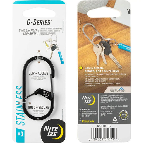 G-Series Dual Chamber Carabiner Size 3 Stainless Steel 1 Pack packaging showing key attachment feature
