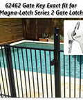 Premium Heavy Duty Replacement Keys For Pool And Garden Gate Magnetic Safety Latches Compatible With Original Series Guaranteed Smooth Operation Effortless Install Two Pack, showing key fitting Magna-Latch.