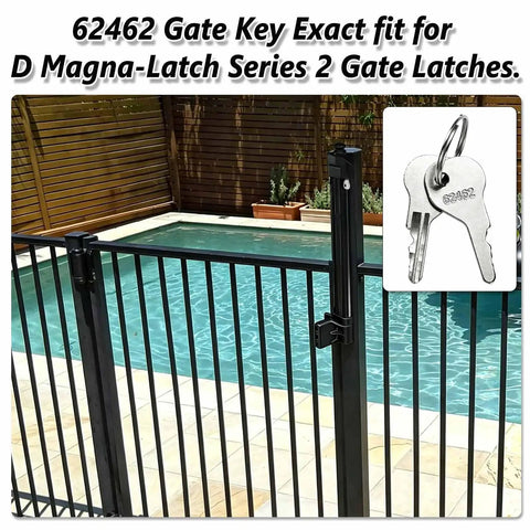 Premium Heavy Duty Replacement Keys For Pool And Garden Gate Magnetic Safety Latches Compatible With Original Series Guaranteed Smooth Operation Effortless Install Two Pack, showing key fitting Magna-Latch.