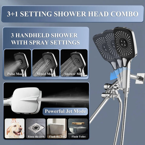 Powerful High Pressure Dual Shower Head With Handheld And 12 Inch Rainfall System showing spray settings and chrome finish