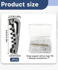 Glasses Tightening Kit With 2 Pcs And 20 Ultra Soft Nose Pads, 2 Temple Tools and screwdriver in open case, product dimensions shown.