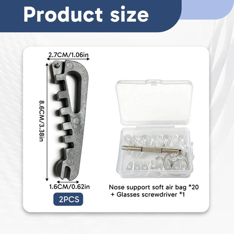 Glasses Tightening Kit With 2 Pcs And 20 Ultra Soft Nose Pads, 2 Temple Tools and screwdriver in open case, product dimensions shown.