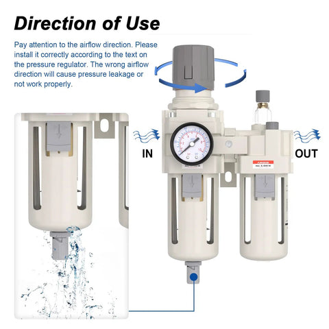 Diagram showing Heavy Duty 3/4 Inch NPT Air Filter Regulator Lubricator Combo With Water Separator 5 Micron Brass Element