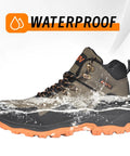 Olive green waterproof steel toe work boots with wide toe design, shown in side view with water splashes, durable leather construction.