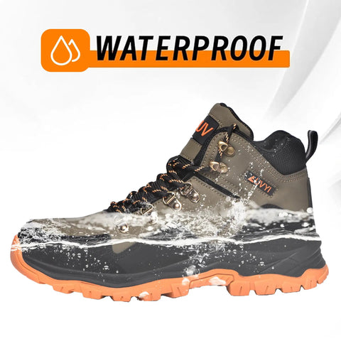 Olive green waterproof steel toe work boots with wide toe design, shown in side view with water splashes, durable leather construction.