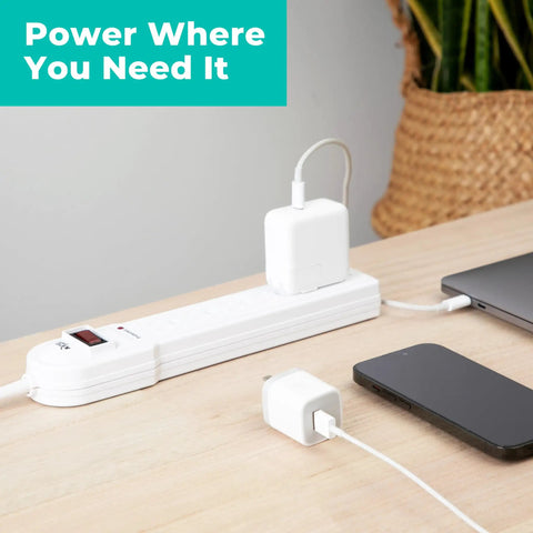 Six-Outlet Surge Protector Power Strips 2-Pack 900 Joule Protection 4-Foot Cord Lighted Switch on desk with devices