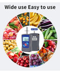 Digital Fruit Hardness Tester Handheld Sclerometer Penetrometer For Apples Pears Strawberries Grapes Dead Nuts Firmness Checks displayed with various fruits.