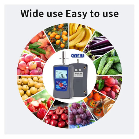 Digital Fruit Hardness Tester Handheld Sclerometer Penetrometer For Apples Pears Strawberries Grapes Dead Nuts Firmness Checks displayed with various fruits.