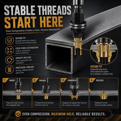 Heavy Duty Carbon Steel Rivet Nut Tool Set Kit For M3 To M12 With Durable Sleeves And Precise Threads Pro Grade Performance For Garage Workshop Or DIY Projects Fast Clean Nutsert Install Every Time installed on steel tube