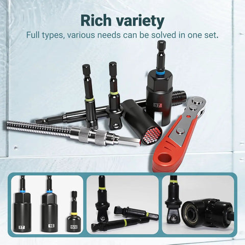 86-Piece Magnetic Impact Nut Driver Set With SAE And Metric Bits shown with tools and attachments.