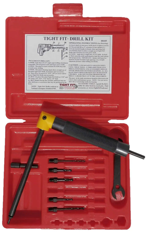 Right Angle Drill Attachment Kit For Tight Spaces, 90 Degree Adapter in red case, includes bits, extension, and wrench
