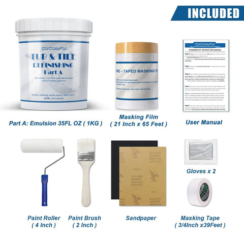 Contents of DIY Tub And Tile Refinishing Kit With Tools For Porcelain Enamel Ceramic Tile And Bathtub Makeover White 35 Oz Semi Matte Finish