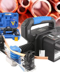 Heavy Duty Cordless Electric Tube Bender For Soft Copper And Aluminum Pipes Includes Full Set Of Dies, showing a tool with dies and copper pipes.