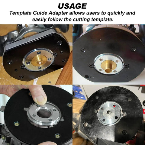 Heavy Duty Template Guide Adapter Fits Makita Routers 3606 3612 3621 3620, showcased from multiple angles during usage.