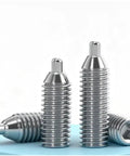Top Shelf Retractable Spring Plunger Pins M3 To M12 Ball Lock Screws 304 Stainless Steel cylindrical head mounted on blue surface.