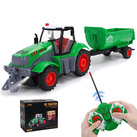 Remote Control Tractor 1 To 24 Scale With Dump Trailer Rechargeable RC Farm Vehicle Toy With Lights And Sounds shown with remote