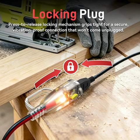 Dang Tough 25 Foot Extension Cord With Secure Locking Plug And Bright Led Light showing the locking plug mechanism in use on a wooden surface.