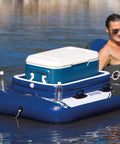 Inflatable Mega Chill II Beverage Cooler Float For 72 Cans With Lid Poolside Party Essential on water next to floating person