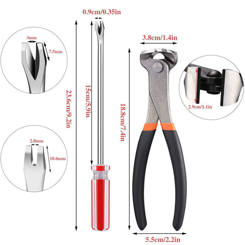 3-Piece Nail Puller Pliers Set With 7Inch End-Cutting Plier And 6Inch U/V Tip showing dimensions and tool details