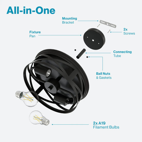 Exploded view of Industrial Dope Semi Flush Ceiling Light Fixture 2 Pack Matte Black with components and A19 bulbs