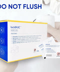 Front view of lucidHJC 400-count lens wipes box; white with yellow edge, individually wrapped for glasses and screens
