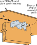 Diagram of wood joint secured by galvanized framing angle, showing screw placement and panel sheathing.