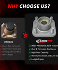 Comparison of standard vs. premium CasisPro front wheel hub for Yamaha golf cart, showing corrosion resistance and wear benefits.
