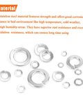 Stainless steel split lock washers, flat lay, 100 pcs, assorted sizes for screws and bolts