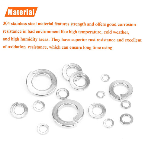 Stainless steel split lock washers, flat lay, 100 pcs, assorted sizes for screws and bolts