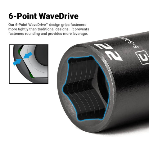 Close-up of 6-point WaveDrive design on Deep Impact Socket Three Eighth Inch Drive Six Point Metric Socket 22 Millimeter