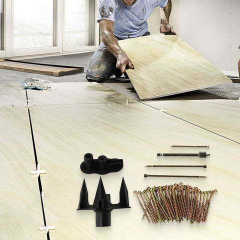Person using Squeaky Floor Repair Kit With 250 Screws And Alignment Tools For Hardwood, Softwood, Vinyl, And Carpeted Floors, Quiet Floors No Creaks, Complete DIY Floor Fix For Pro Results, visible tools, and screws.