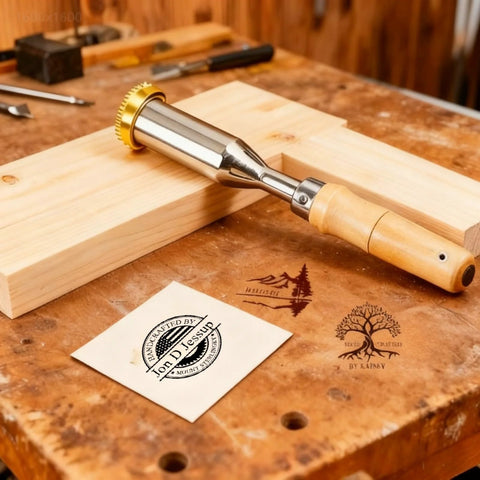 KAINSY wood branding iron with wooden handle and brass gear for hot-stamping logos on wood