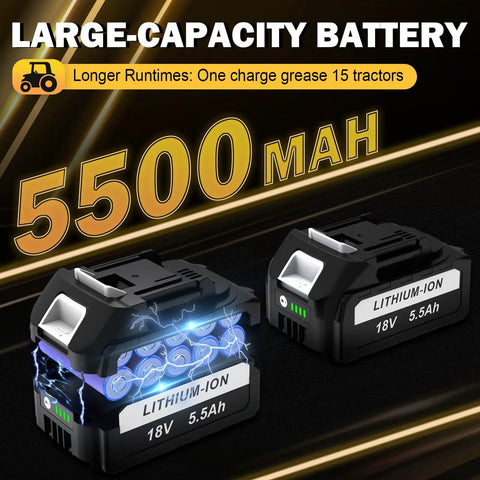 Dual 5500 mAh lithium-ion batteries for Cordless Grease Gun With LED Light 12000 PSI High Pressure Tool Three Speed Trigger.