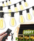 200Ft Solar String Lights Outdoor Waterproof With 72 LED Bulbs Plus 2 Spares, Remote And USB Port displayed on patio