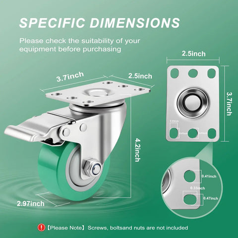 Detailed dimensions of Heavy Duty 3 Inch Stainless Steel Caster Wheels Set Of Four 304 Metal Casters for industrial use.