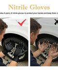 Man wearing black nitrile gloves showing comparison with dirty hands next to tire, part of 64 Piece Tire Repair Kit With Four Sizes Screw In Plugs, Nitrile Gloves And Screwdriver, Fast Self Service Vacuum Patch Tool For Car Truck Motorcycle Tractor Puncture Repair On The Go.