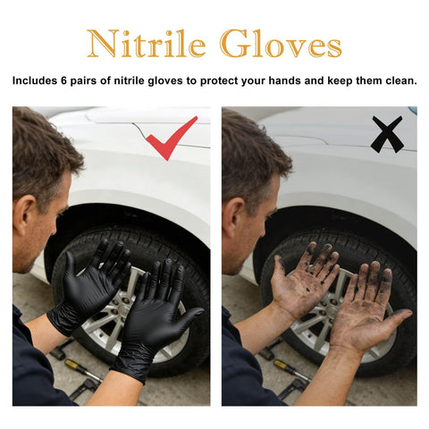 Man wearing black nitrile gloves showing comparison with dirty hands next to tire, part of 64 Piece Tire Repair Kit With Four Sizes Screw In Plugs, Nitrile Gloves And Screwdriver, Fast Self Service Vacuum Patch Tool For Car Truck Motorcycle Tractor Puncture Repair On The Go.