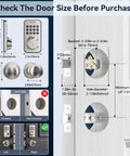 WiFi Smart Door Lock With Fingerprint And Passcode Knobs In Satin Nickel installation guide with door size specifications.