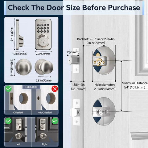 WiFi Smart Door Lock With Fingerprint And Passcode Knobs In Satin Nickel installation guide with door size specifications.